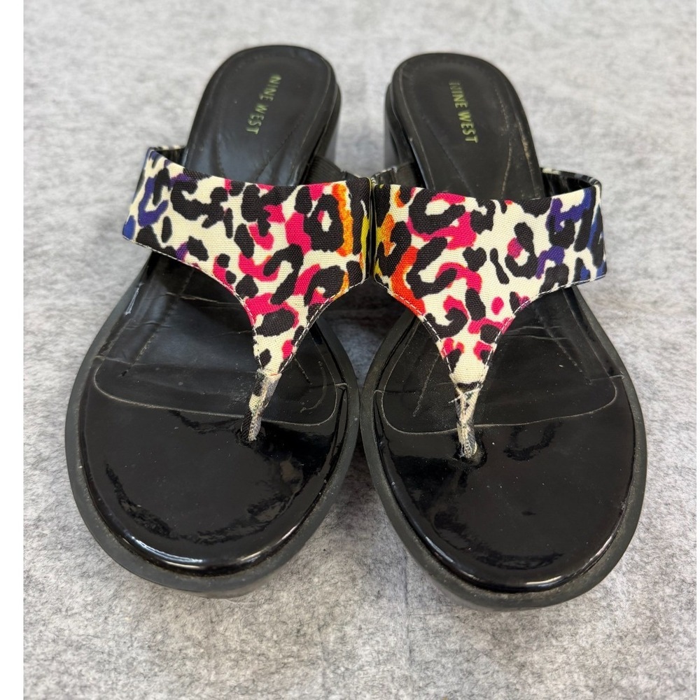 Nine West Womens Multi Color Leopard Print Wedge Sandals Black Platform Thong